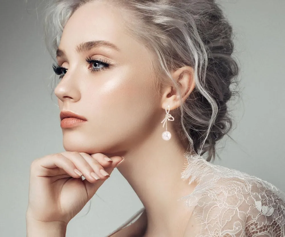 Bow Pearl Earrings for Women Crystal Bow Earrings 14K Gold Bowknot Dangle Drop Earring Dainty Statement Pearl Earring Jewelry Gifts