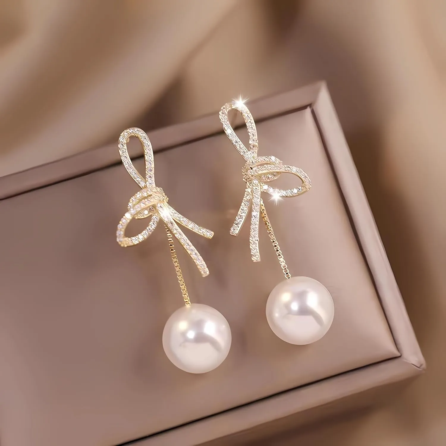 Bow Pearl Earrings for Women Crystal Bow Earrings 14K Gold Bowknot Dangle Drop Earring Dainty Statement Pearl Earring Jewelry Gifts