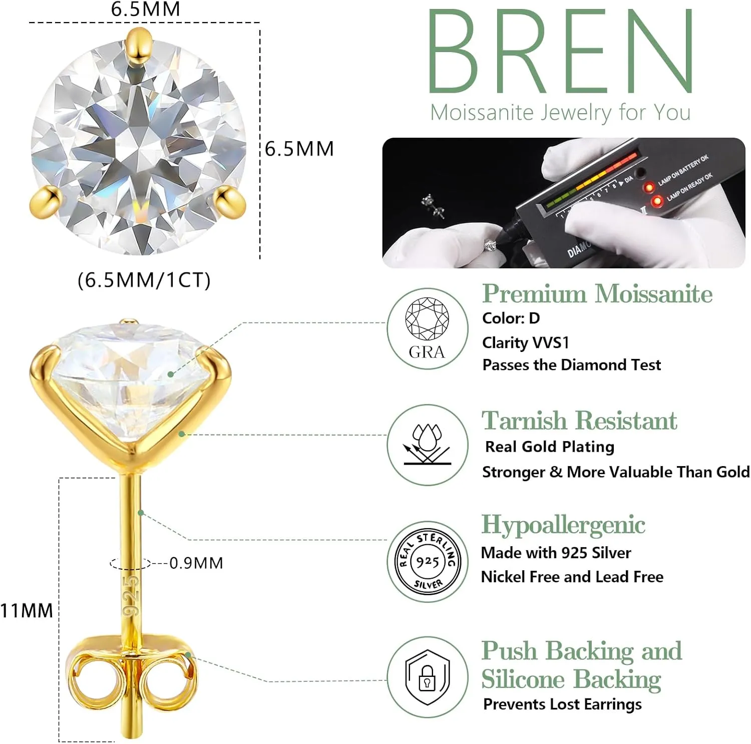 BREN Moissanite Earrings for Women and Men - 925 Sterling Silver Hypoallergenic Imitation Diamond Stud Earrings