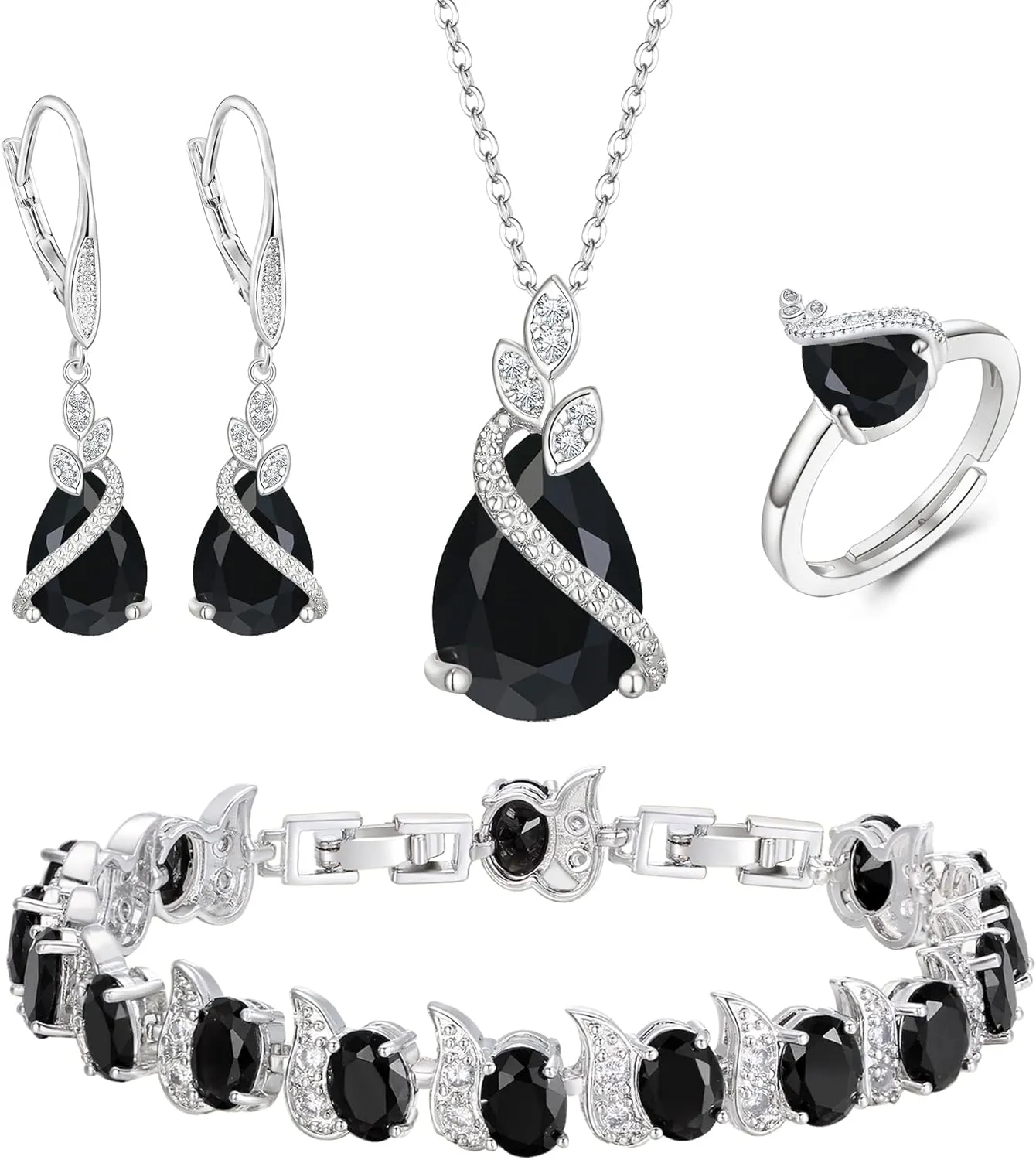 BriLove Jewelry Set for Bride, Sparkling Water Drop Cubic Zirconia Crystal Pendant Necklace Leverback Earrings Tennis Bracelet Adjustable Ring Gift for Wedding/Birthday/Mother's Day/Christmas