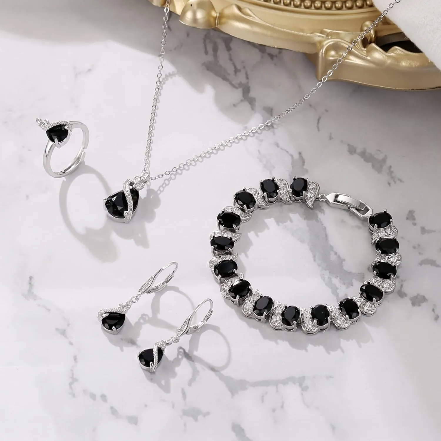 BriLove Jewelry Set for Bride, Sparkling Water Drop Cubic Zirconia Crystal Pendant Necklace Leverback Earrings Tennis Bracelet Adjustable Ring Gift for Wedding/Birthday/Mother's Day/Christmas