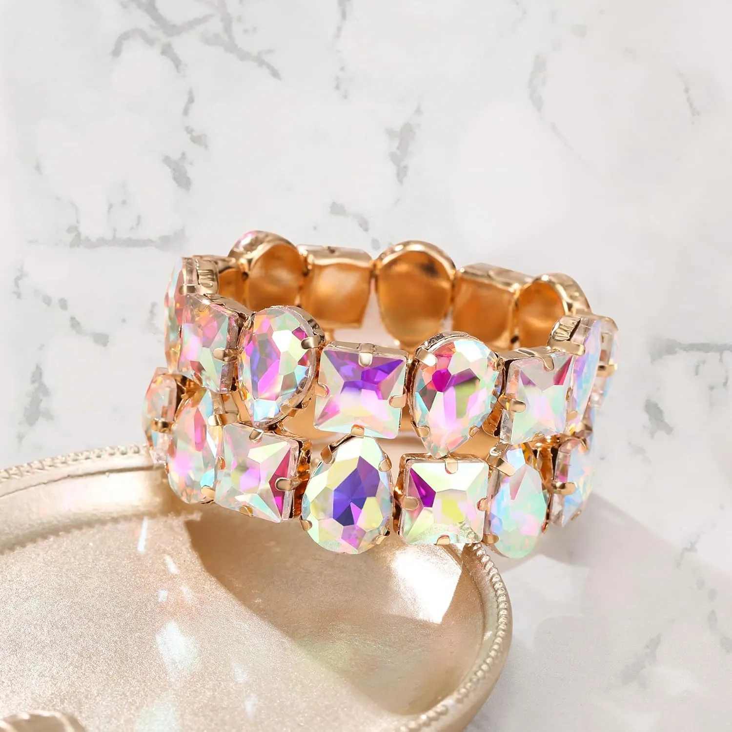 BriLove Women's Gorgeous Sparkling Crystal Emerald Cut Stretch Bangle Bracelet for Wedding Party Prom Jewelry Accessories