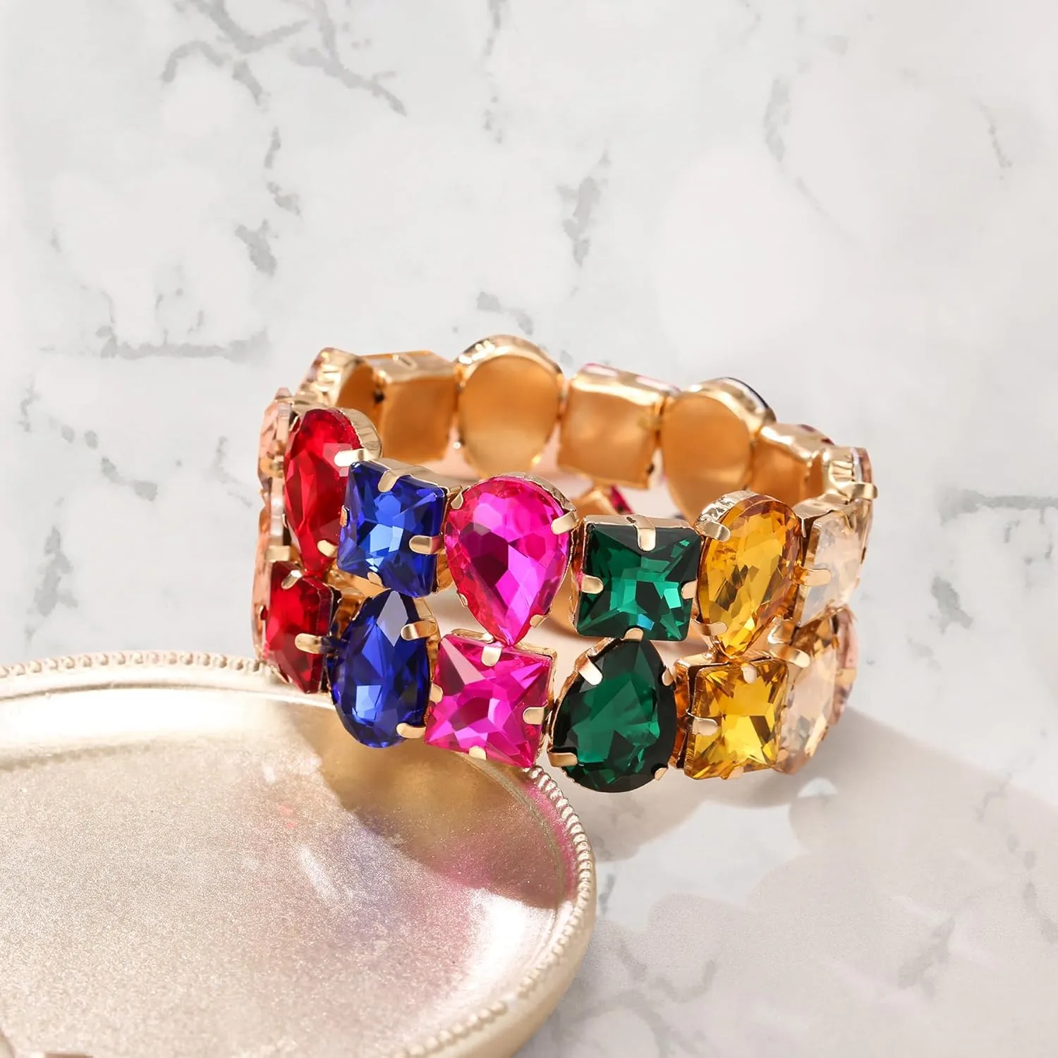 BriLove Women's Gorgeous Sparkling Crystal Emerald Cut Stretch Bangle Bracelet for Wedding Party Prom Jewelry Accessories