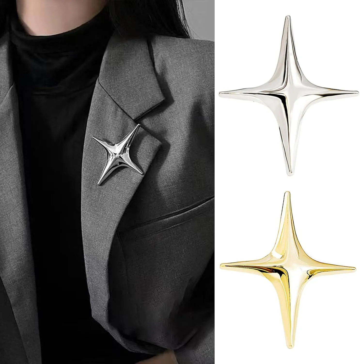 Brooch Pins for Girls, Metal Four-pointed Star Brooch Elegant Luxury Golden Silver Color Clothing Accessories Women Business Suit Lapel Pin Fashion