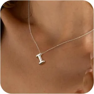 Bubble Letter Necklace Silver For Women,Sterling Silver Plated Balloon Initial Bubble Letter Pendant Necklace,Dainty Charm Chunky Initial Necklaces For Women,Custom Name Necklace Jewelry Gift