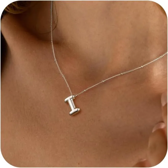 Bubble Letter Necklace Silver For Women,Sterling Silver Plated Balloon Initial Bubble Letter Pendant Necklace,Dainty Charm Chunky Initial Necklaces For Women,Custom Name Necklace Jewelry Gift