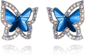 Butterfly Crystal Stud Earrings with Premium Birthstone, Silver-Tone