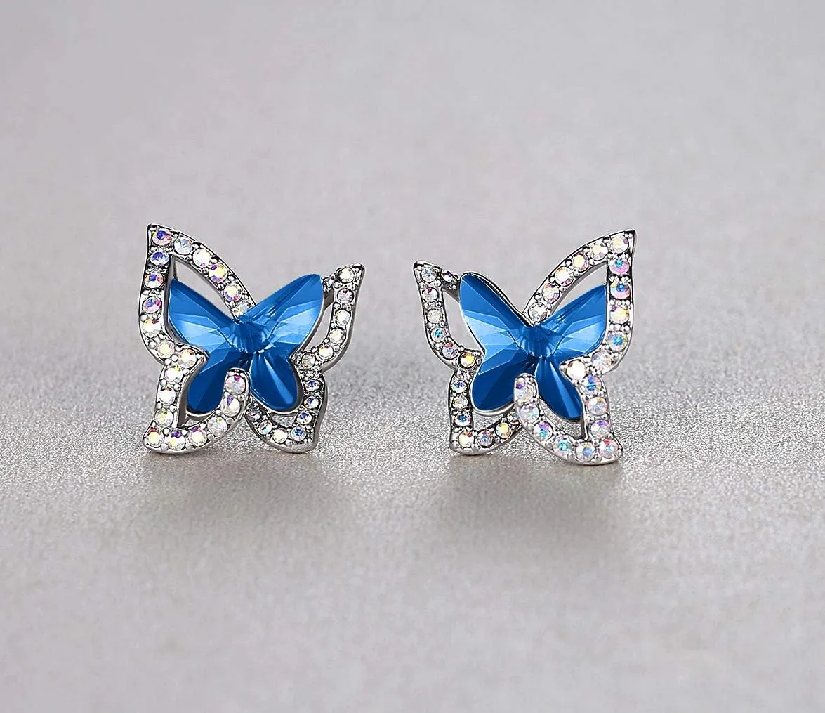 Butterfly Crystal Stud Earrings with Premium Birthstone, Silver-Tone