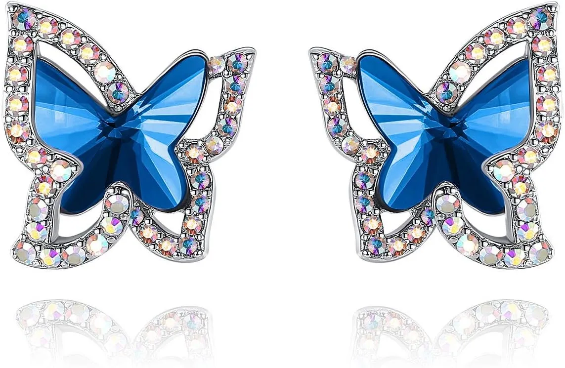 Butterfly Crystal Stud Earrings with Premium Birthstone, Silver-Tone