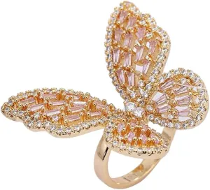 Butterfly Cubic Zirconia Ring Open Adjustable Bow-Knot Knuckle Ring Sparkling Wedding Jewelry for Women(Gold)