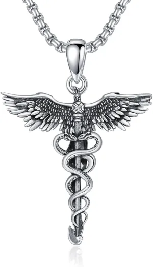 Caduceus Necklace for Men Women 925 Sterling Silver RN Nurse Graduation Gift Phoenix Pendant Doctor Nurse Medicine Themed Jewelry Gifts for Nurses Day Dirthday