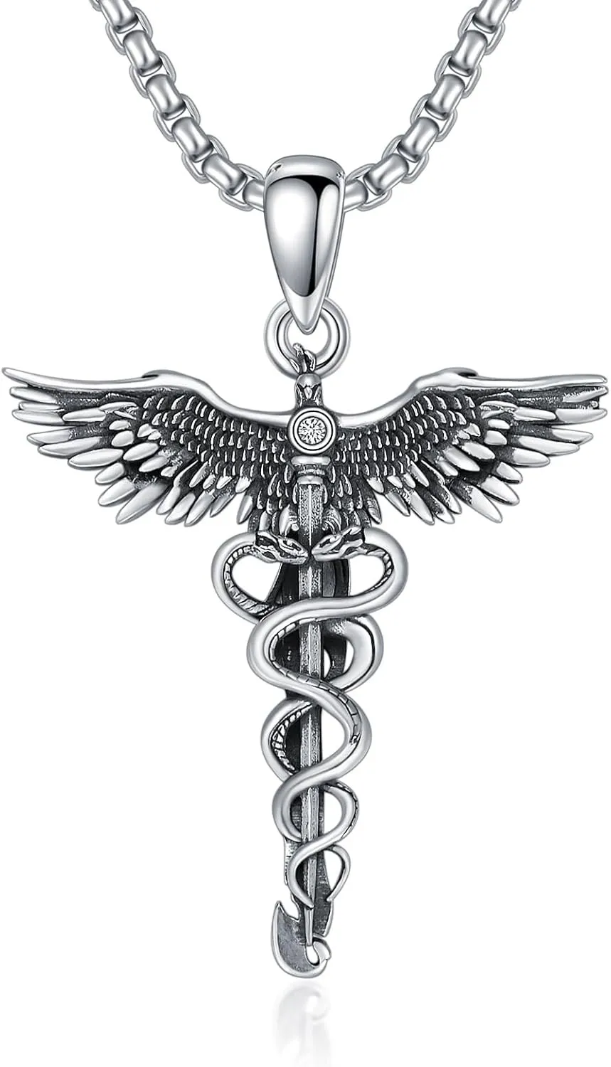 Caduceus Necklace for Men Women 925 Sterling Silver RN Nurse Graduation Gift Phoenix Pendant Doctor Nurse Medicine Themed Jewelry Gifts for Nurses Day Dirthday