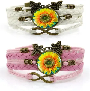 Caiyao 2Pcs Retro Braide Butterfly Infinity Sunflower Bracelet Set for Women Multilayered Adjustable You are My Sunshine Leather Flower Bracelet Vintage Jewelry