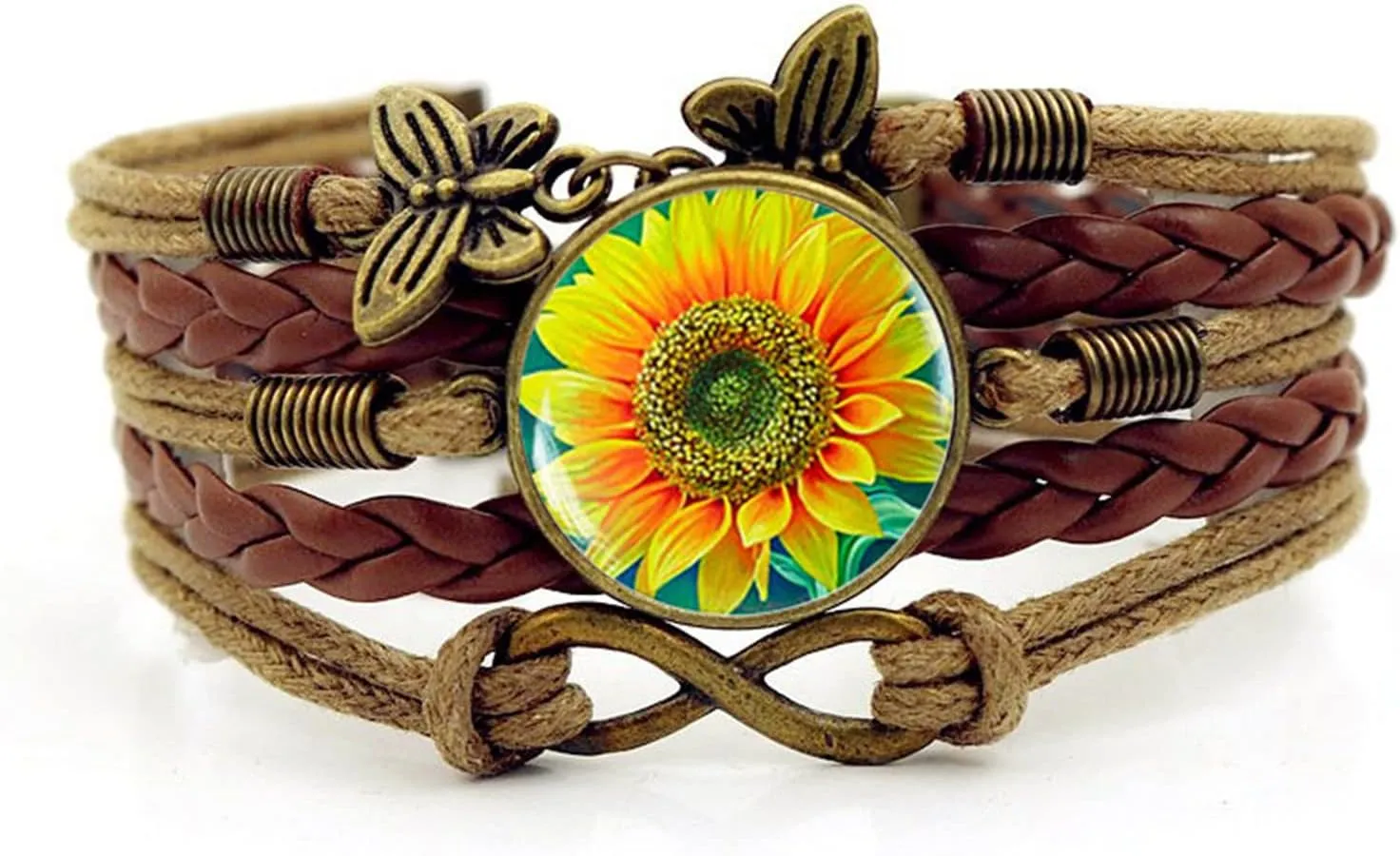 Caiyao 2Pcs Retro Braide Butterfly Infinity Sunflower Bracelet Set for Women Multilayered Adjustable You are My Sunshine Leather Flower Bracelet Vintage Jewelry