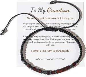 Caiyao To My Son Grandson/Son Hematite Wood Wooded Bead Morse Code Bracelet Adjustable Braided String Wristband Bracelet for Men Women Daughter Handmade Graduation Gift Inspirational Jewelry