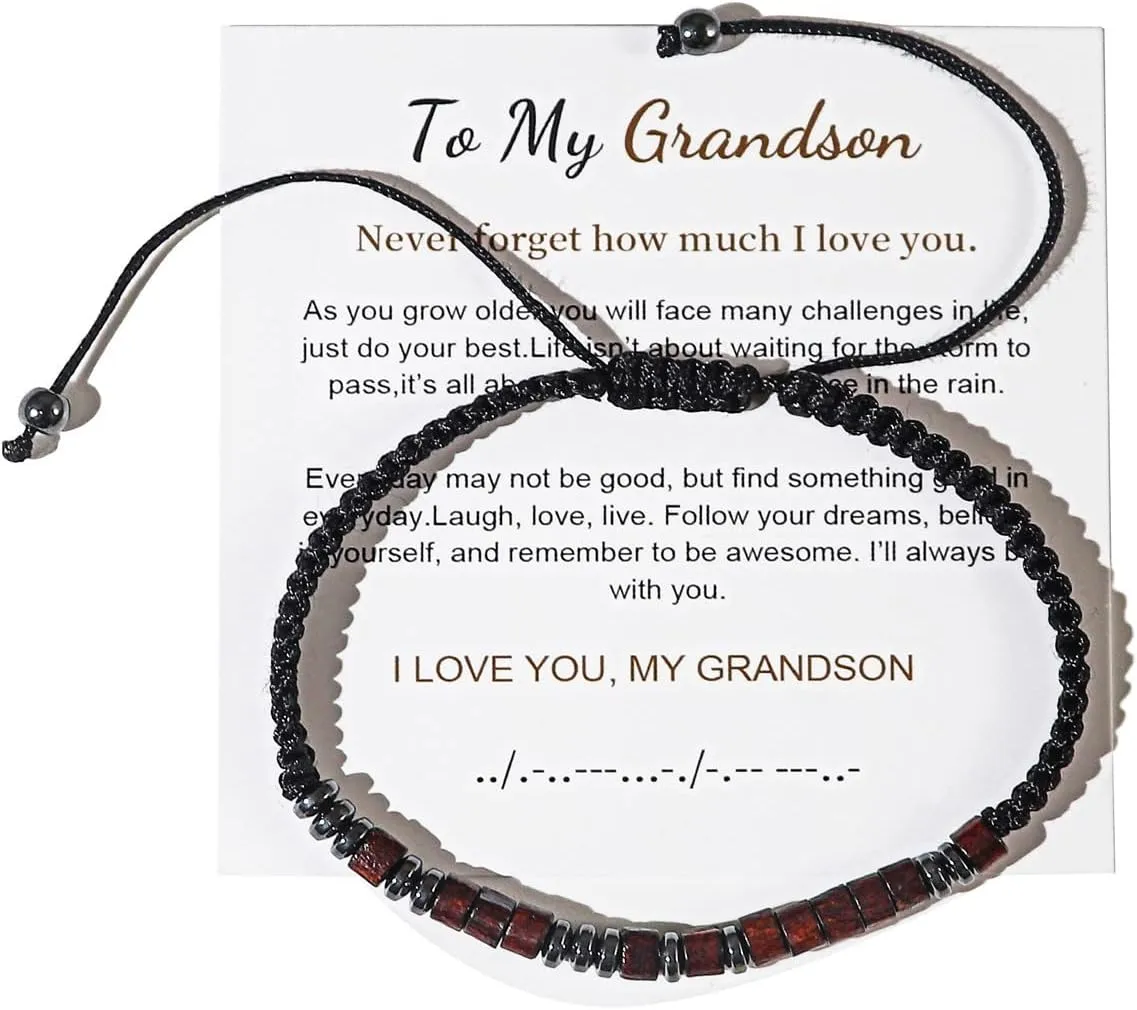 Caiyao To My Son Grandson/Son Hematite Wood Wooded Bead Morse Code Bracelet Adjustable Braided String Wristband Bracelet for Men Women Daughter Handmade Graduation Gift Inspirational Jewelry