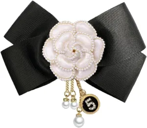 Camellia Flower Pre-Tied Big Bow Tassel Brooch Pin for Women Girls CZ Faux Pearl Lucky Number Five Chain Dangle Charm Fabric Pins Clip Lapel Bouquet Corsage Brooches Elegant Jewelry for Dress Suit