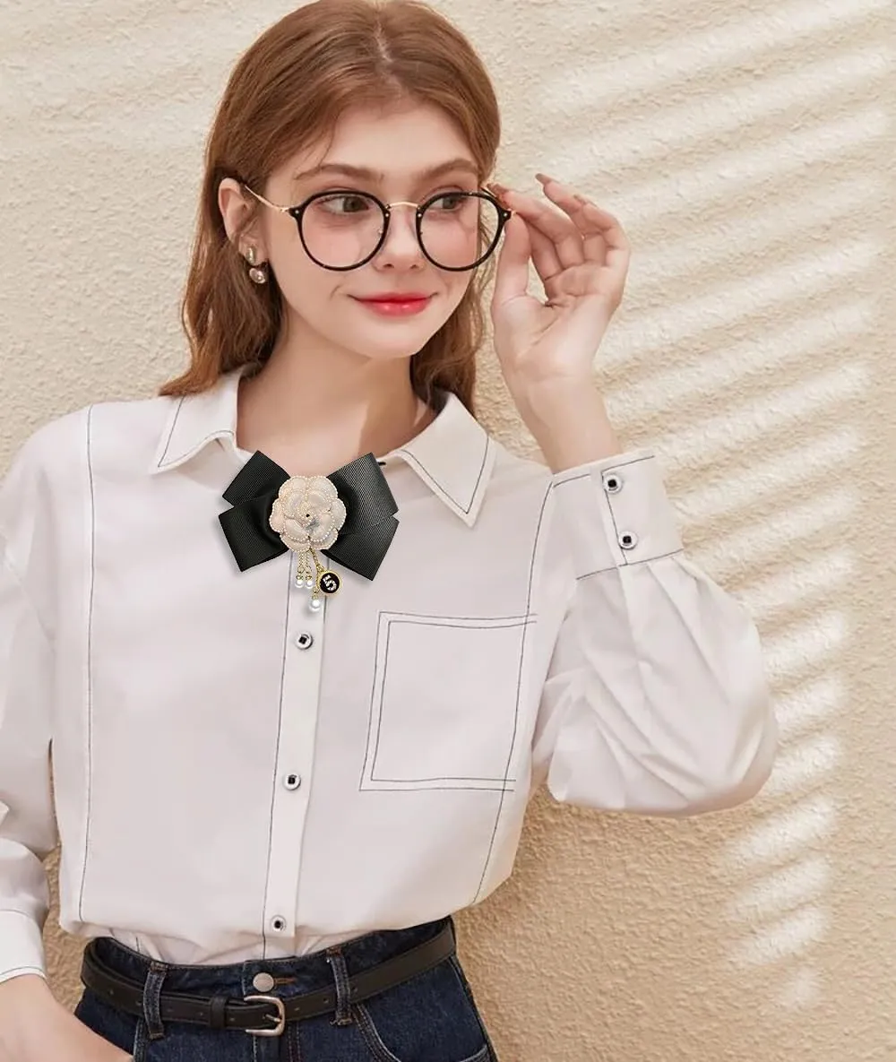 Camellia Flower Pre-Tied Big Bow Tassel Brooch Pin for Women Girls CZ Faux Pearl Lucky Number Five Chain Dangle Charm Fabric Pins Clip Lapel Bouquet Corsage Brooches Elegant Jewelry for Dress Suit