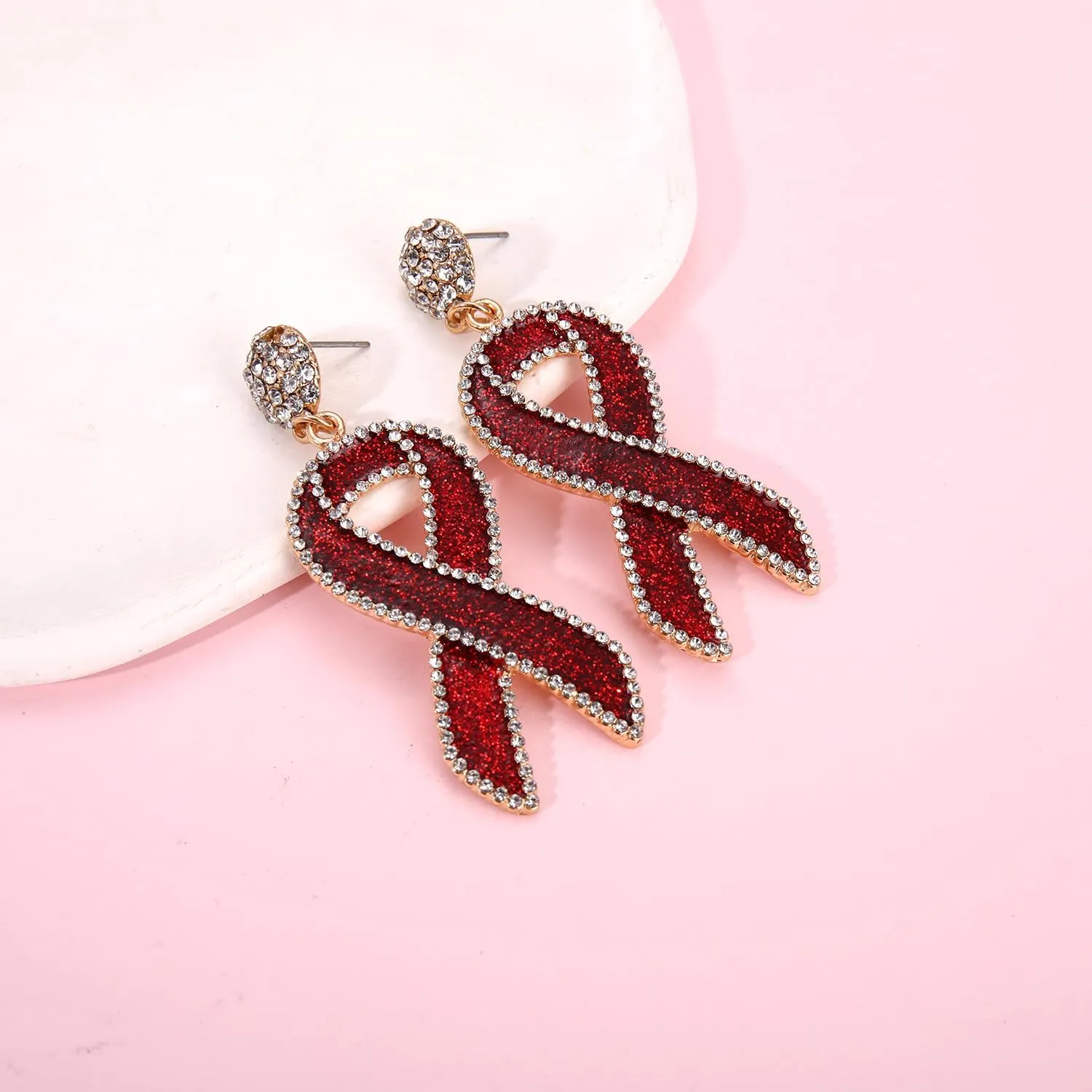 Cancer Awareness Ribbon Earrings for Women Glitter Rhinestone Ribbon Drop Dangle Earrings Cancer Awareness Survivor Support Jewelry Accessories Gifts