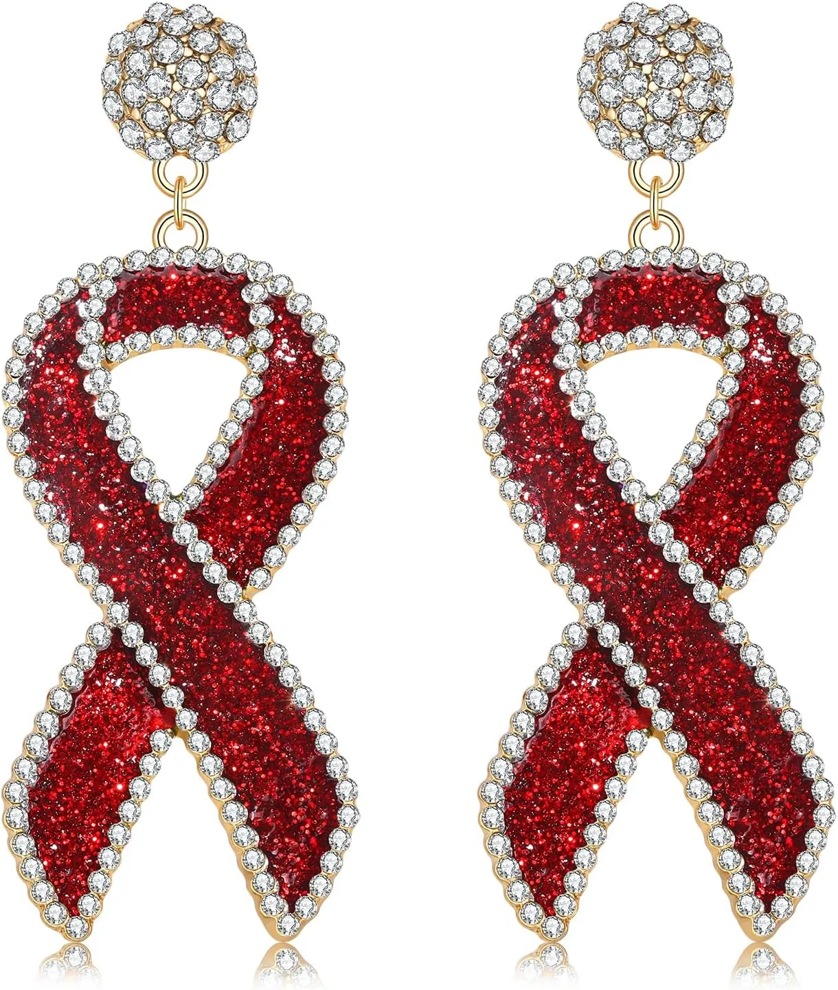 Cancer Awareness Ribbon Earrings for Women Glitter Rhinestone Ribbon Drop Dangle Earrings Cancer Awareness Survivor Support Jewelry Accessories Gifts