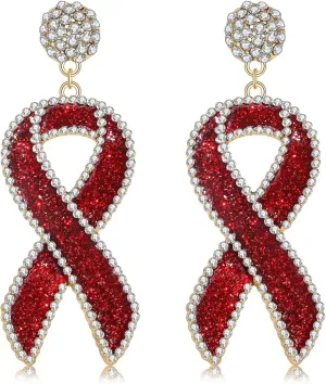 Cancer Awareness Ribbon Earrings for Women Glitter Rhinestone Ribbon Drop Dangle Earrings Cancer Awareness Survivor Support Jewelry Accessories Gifts