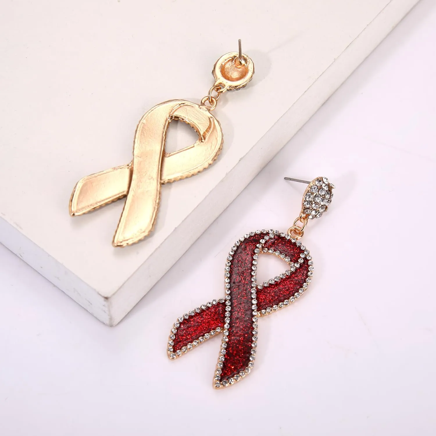 Cancer Awareness Ribbon Earrings for Women Glitter Rhinestone Ribbon Drop Dangle Earrings Cancer Awareness Survivor Support Jewelry Accessories Gifts