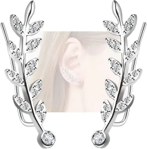 Cartilage Leaf Earrings for Women 14k White Gold Plated Ear Crawler Cuff Earring Sterling Silver Climber Hoop Jewelrys Gift for Her