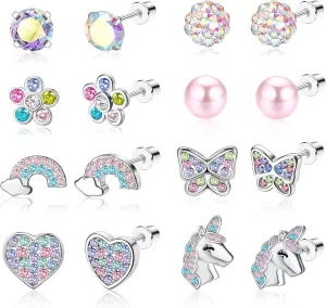 CASSIECA 8 Pairs Hypoallergenic Screw back Earrings for Girls Women 316L Stainless Steel CZ Pearl Heart Flower Turtle Butterfly Stud Earrings Jewelry Gift Women Girl