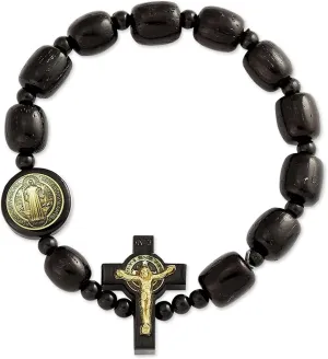 Catholica Shop - Catholic Religious Wear Elasticated Saint Benedict Bracelet Wooden Beads Decade Rosary Stretchable Bracelet for Men and Women