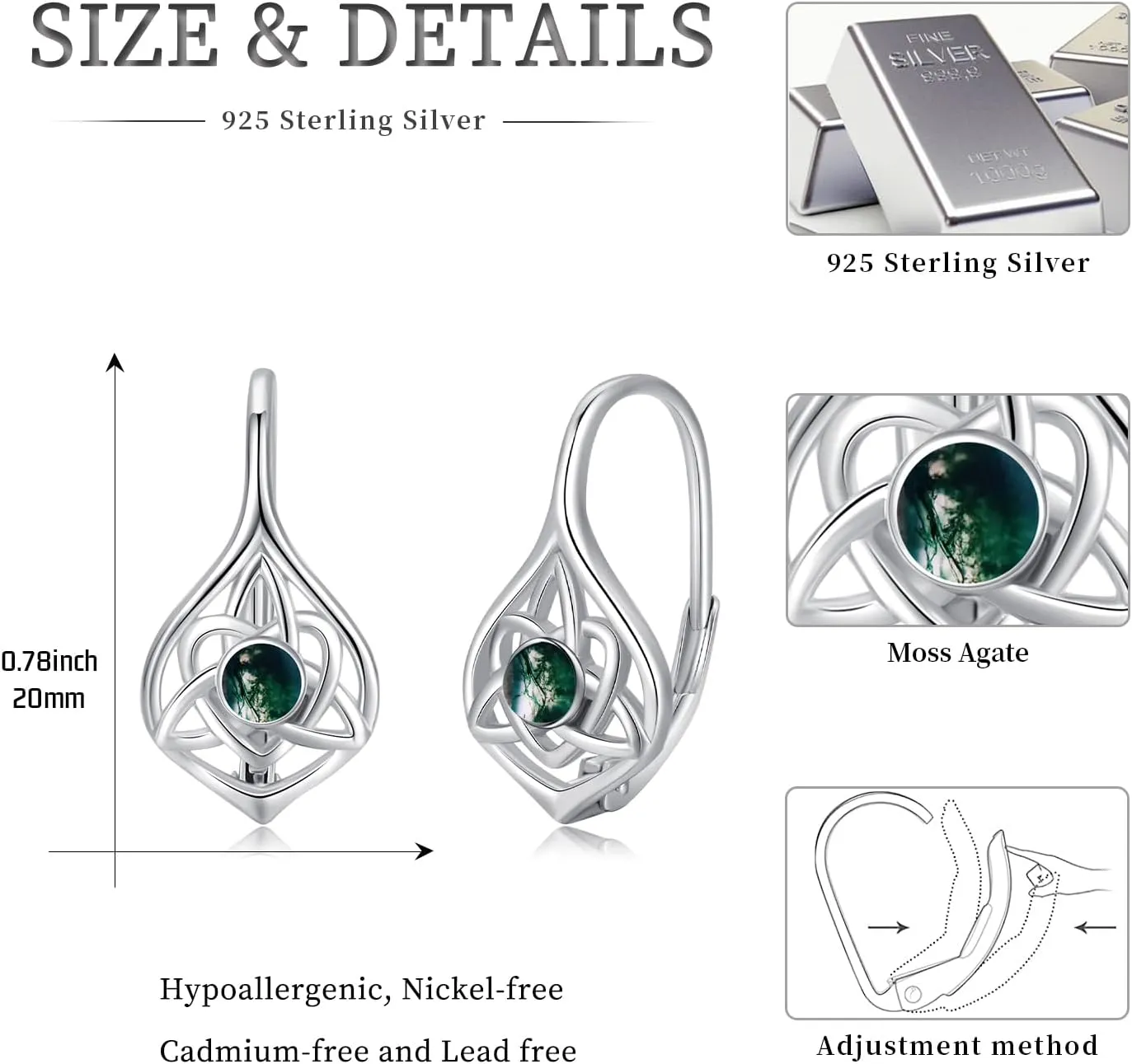 Celtic Moonstone/Moss Agate Sterling Silver Irish Knot Earrings - Hypoallergenic Leverback Moonstone Jewelry Gifts for Women