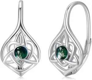 Celtic Moonstone/Moss Agate Sterling Silver Irish Knot Earrings - Hypoallergenic Leverback Moonstone Jewelry Gifts for Women