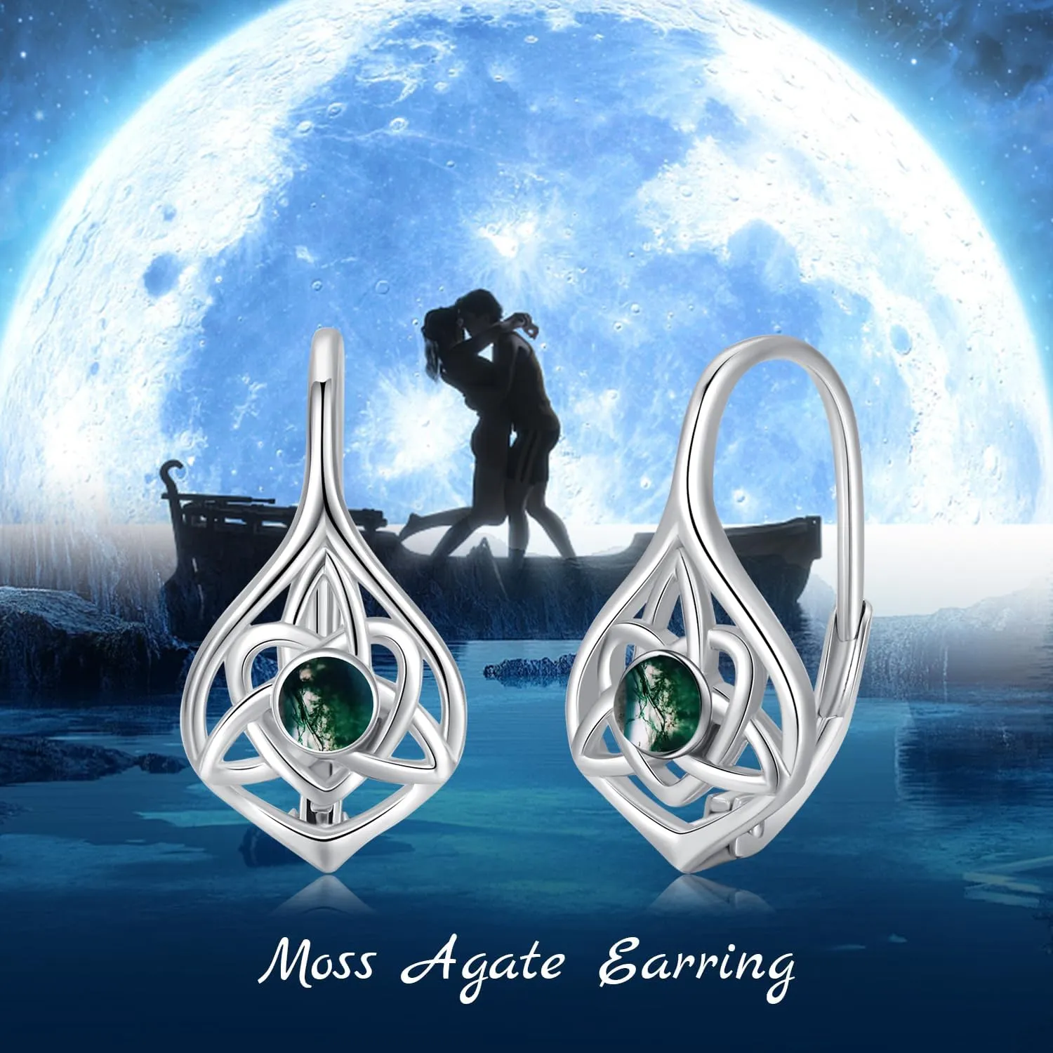 Celtic Moonstone/Moss Agate Sterling Silver Irish Knot Earrings - Hypoallergenic Leverback Moonstone Jewelry Gifts for Women