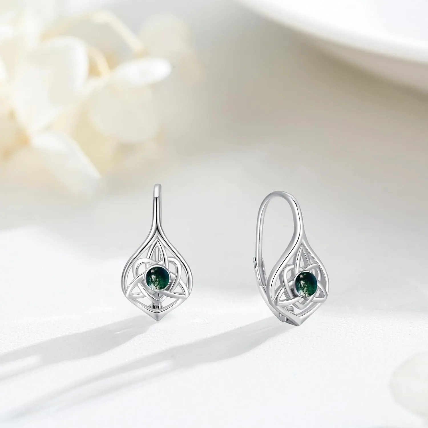 Celtic Moonstone/Moss Agate Sterling Silver Irish Knot Earrings - Hypoallergenic Leverback Moonstone Jewelry Gifts for Women