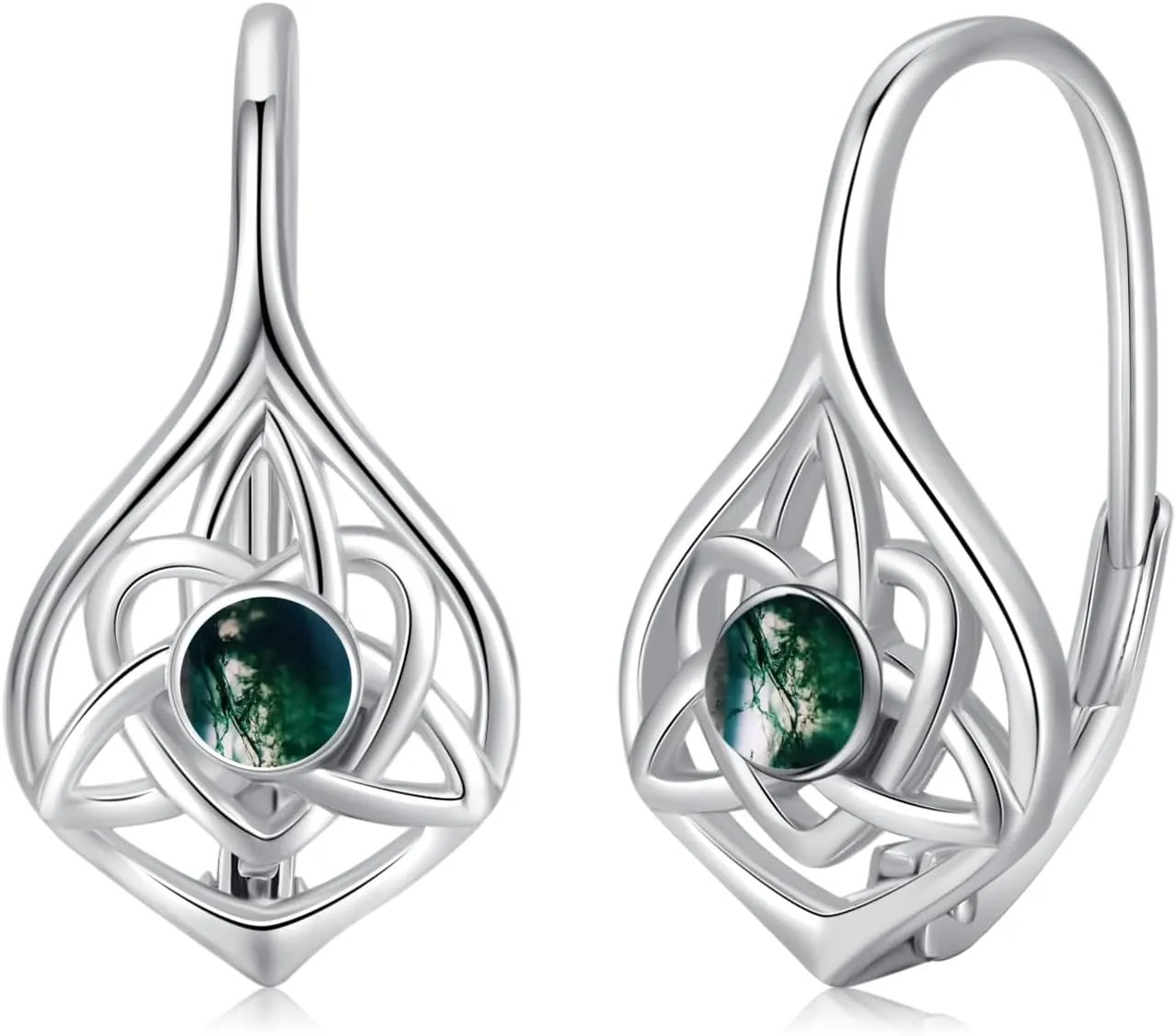 Celtic Moonstone/Moss Agate Sterling Silver Irish Knot Earrings - Hypoallergenic Leverback Moonstone Jewelry Gifts for Women