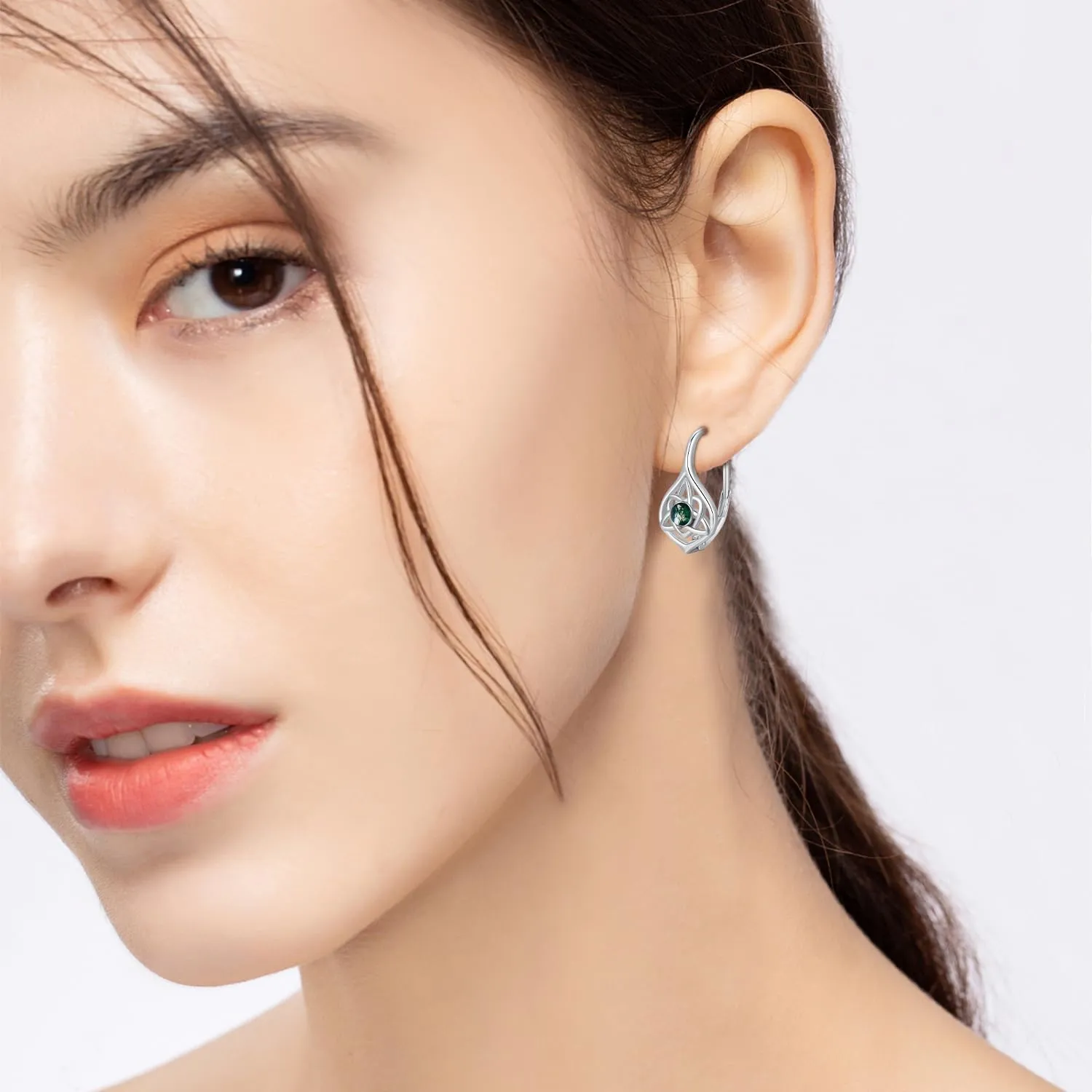 Celtic Moonstone/Moss Agate Sterling Silver Irish Knot Earrings - Hypoallergenic Leverback Moonstone Jewelry Gifts for Women