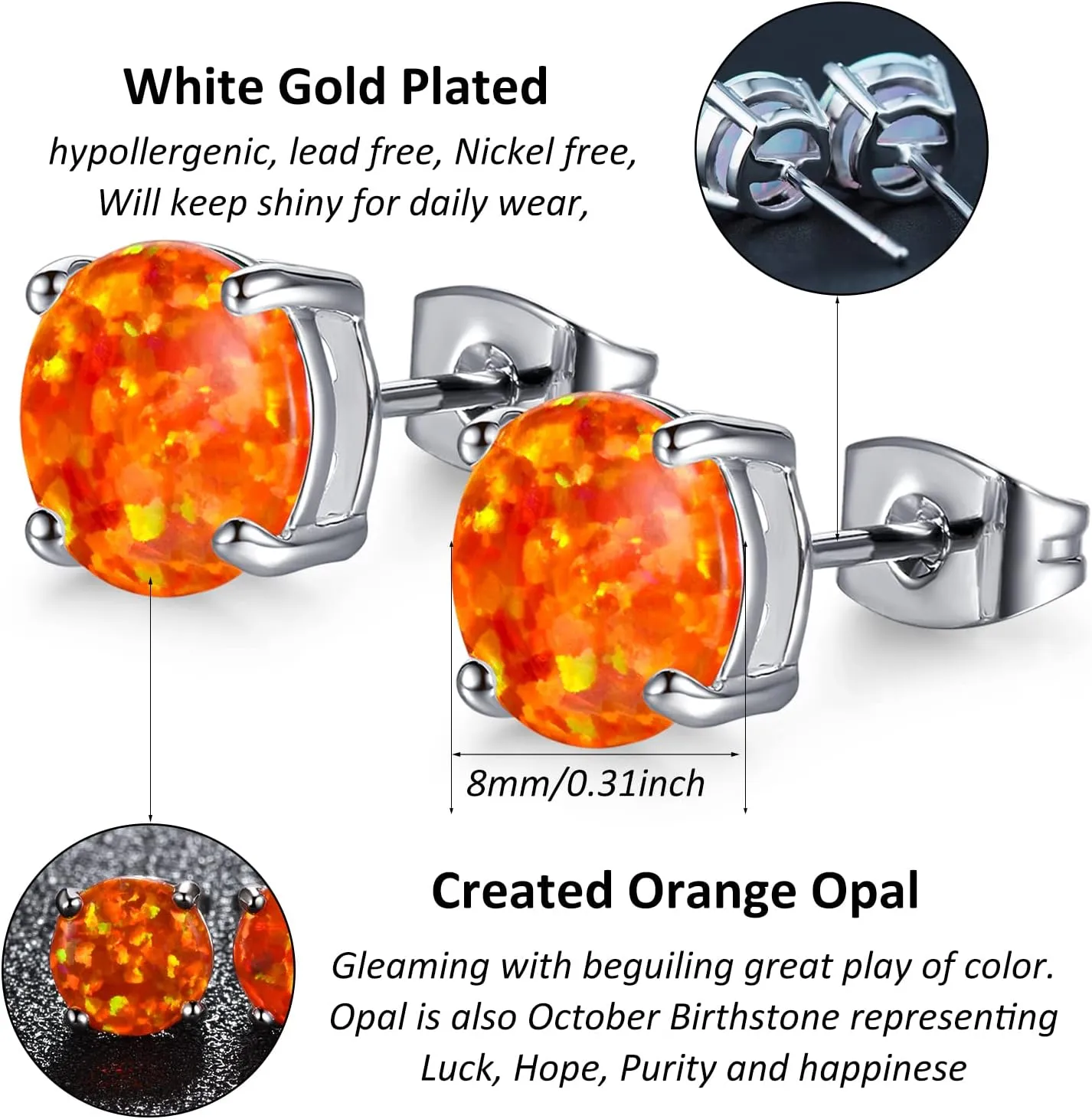 CERSLIMO Multi Colors fire Opal Stud Earrings Birthstone Earrings For Women 8mm