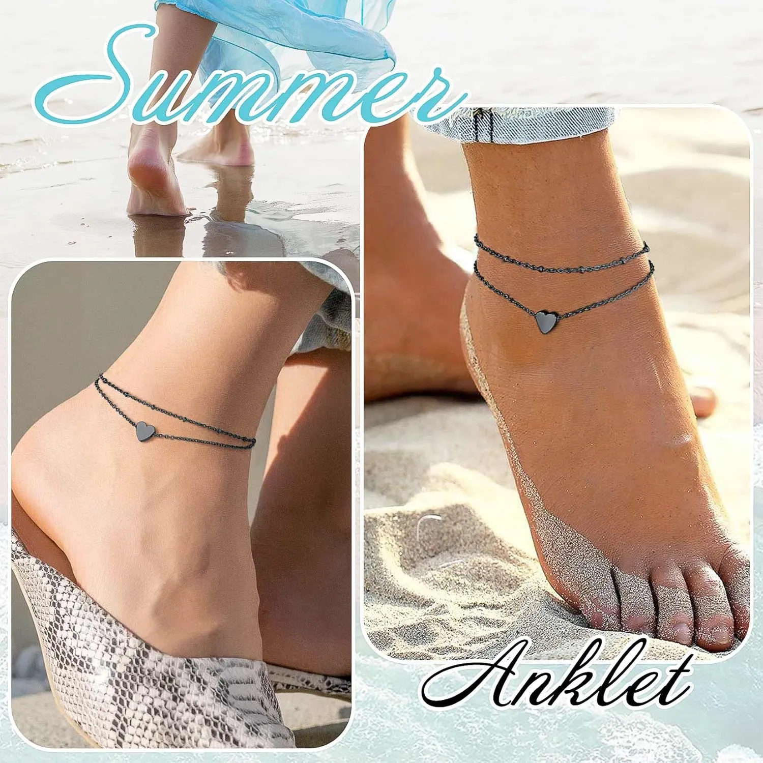 ChainsProMax Black Cuban/Figaro/Twist Rope Chain Ankle Bracelet, Stainless Steel-Send Gift Box