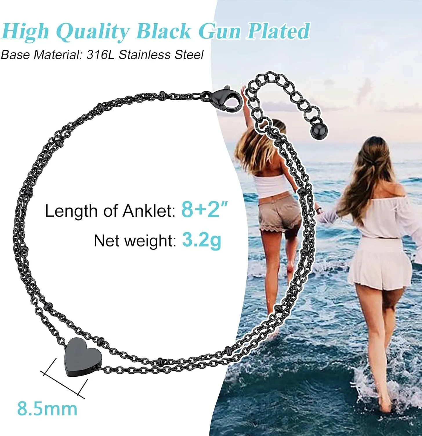 ChainsProMax Black Cuban/Figaro/Twist Rope Chain Ankle Bracelet, Stainless Steel-Send Gift Box