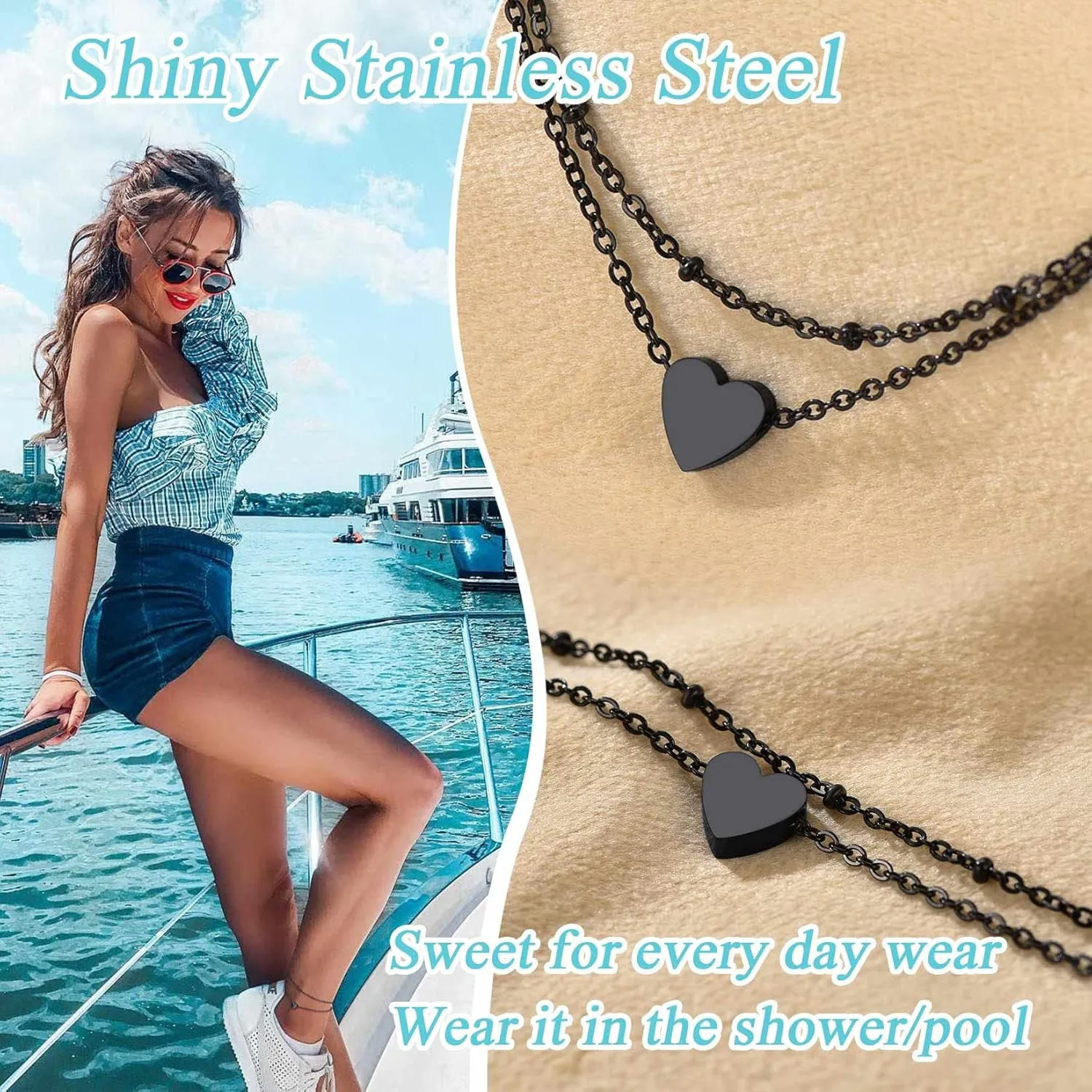 ChainsProMax Black Cuban/Figaro/Twist Rope Chain Ankle Bracelet, Stainless Steel-Send Gift Box