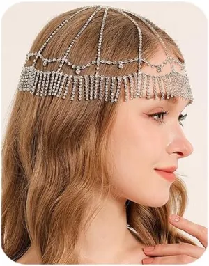 Chargances Vintage 20s Crystal Head Chain Rhinestone Flapper Cap Roaring Headpiece Sparkling Head Jewelry Chains for Halloween Wedding