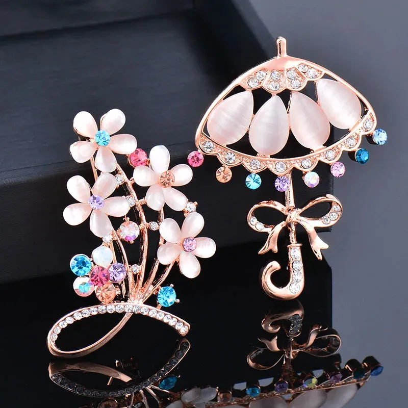 Charm Blue Pink Opal Flower Wreath Umbrella Peacock Shaped Brooch Pin Women