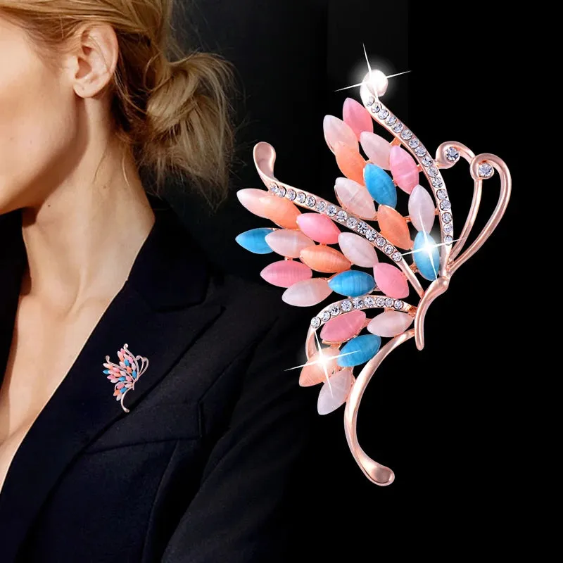 Charm Blue Pink Opal Flower Wreath Umbrella Peacock Shaped Brooch Pin Women