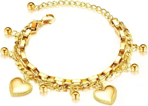 Charm Bracelet, Gold-plated Layered Chain with Heart Pendant Jewelry Bracelet for Women