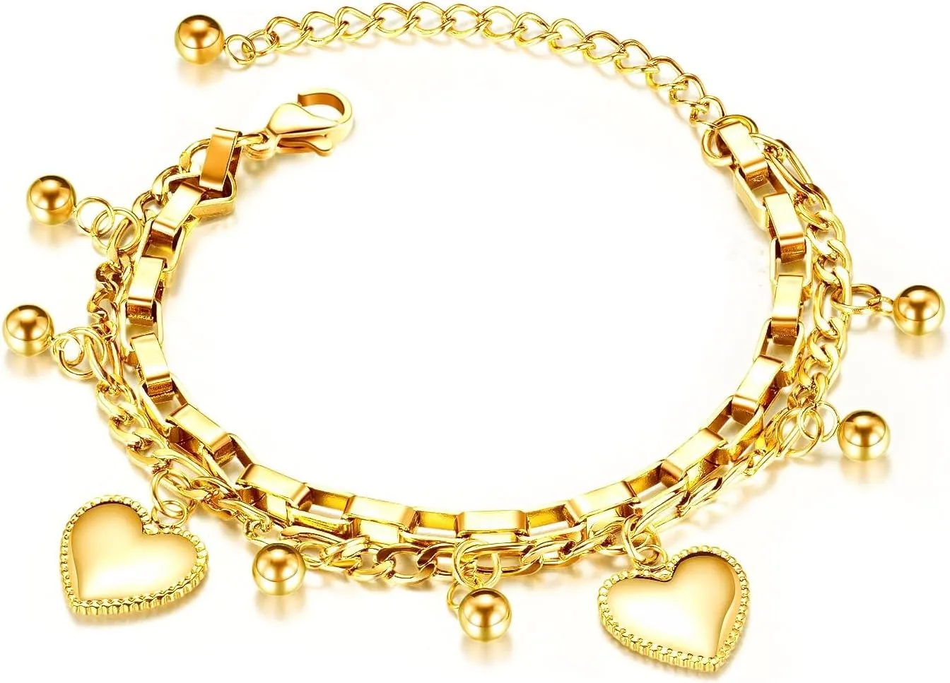Charm Bracelet, Gold-plated Layered Chain with Heart Pendant Jewelry Bracelet for Women