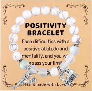 Cheer Bracelet with Positive Card, Cheerleading Charm Bracelets Natural Stone Bangle Bracelet Cheerleading Jewelry Gifts for Cheer Team & Cheerleader, 7-11.8in, white