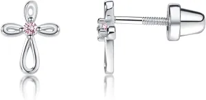 Cherished Moments Girl's 14K Dainty Gold-Plated or Sterling Silver Infinity Cross Earring with CZ and Screw Back