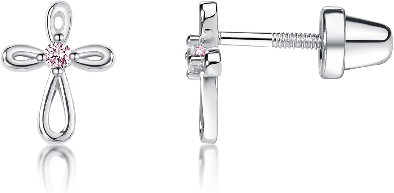 Cherished Moments Girl's 14K Dainty Gold-Plated or Sterling Silver Infinity Cross Earring with CZ and Screw Back