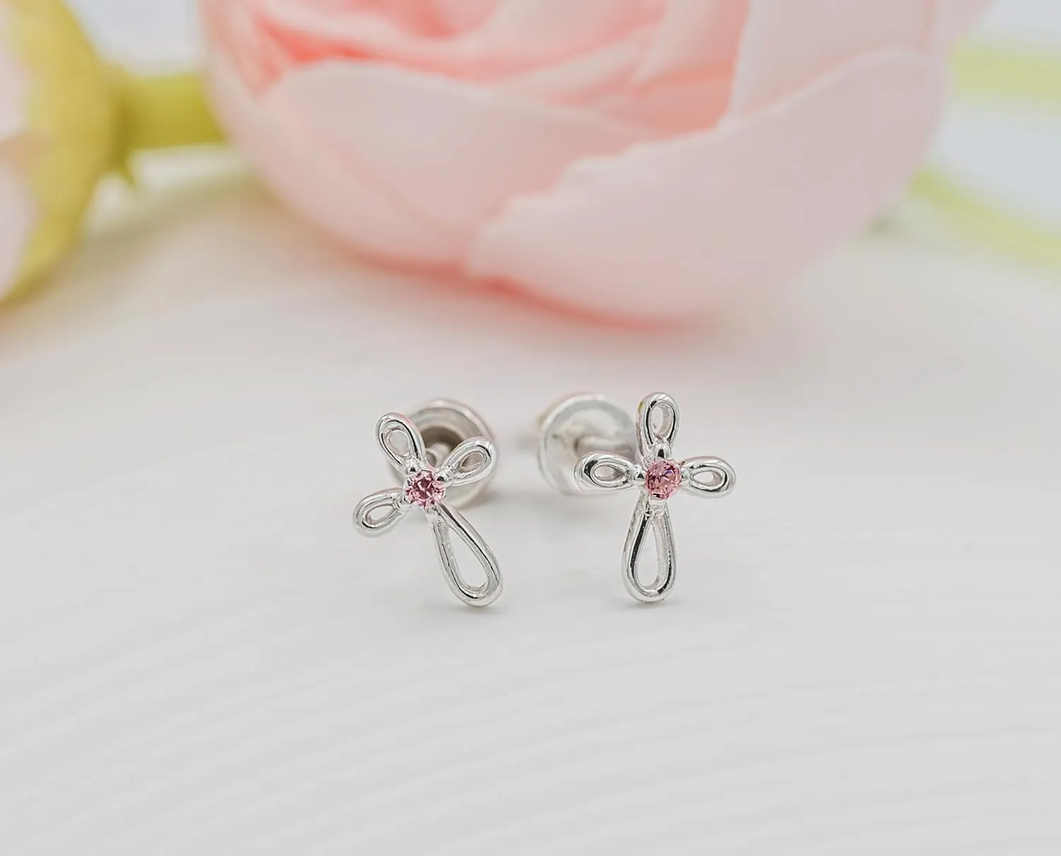 Cherished Moments Girl's 14K Dainty Gold-Plated or Sterling Silver Infinity Cross Earring with CZ and Screw Back