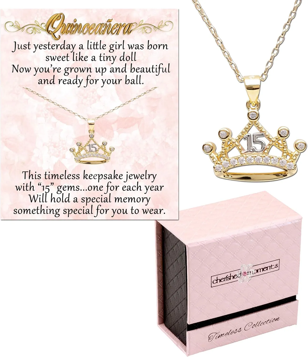 Cherished Moments Sterling Silver Necklace or Earring for Quinceanera Gift, "Sweet 15" Present with 15 Sparkling CZs