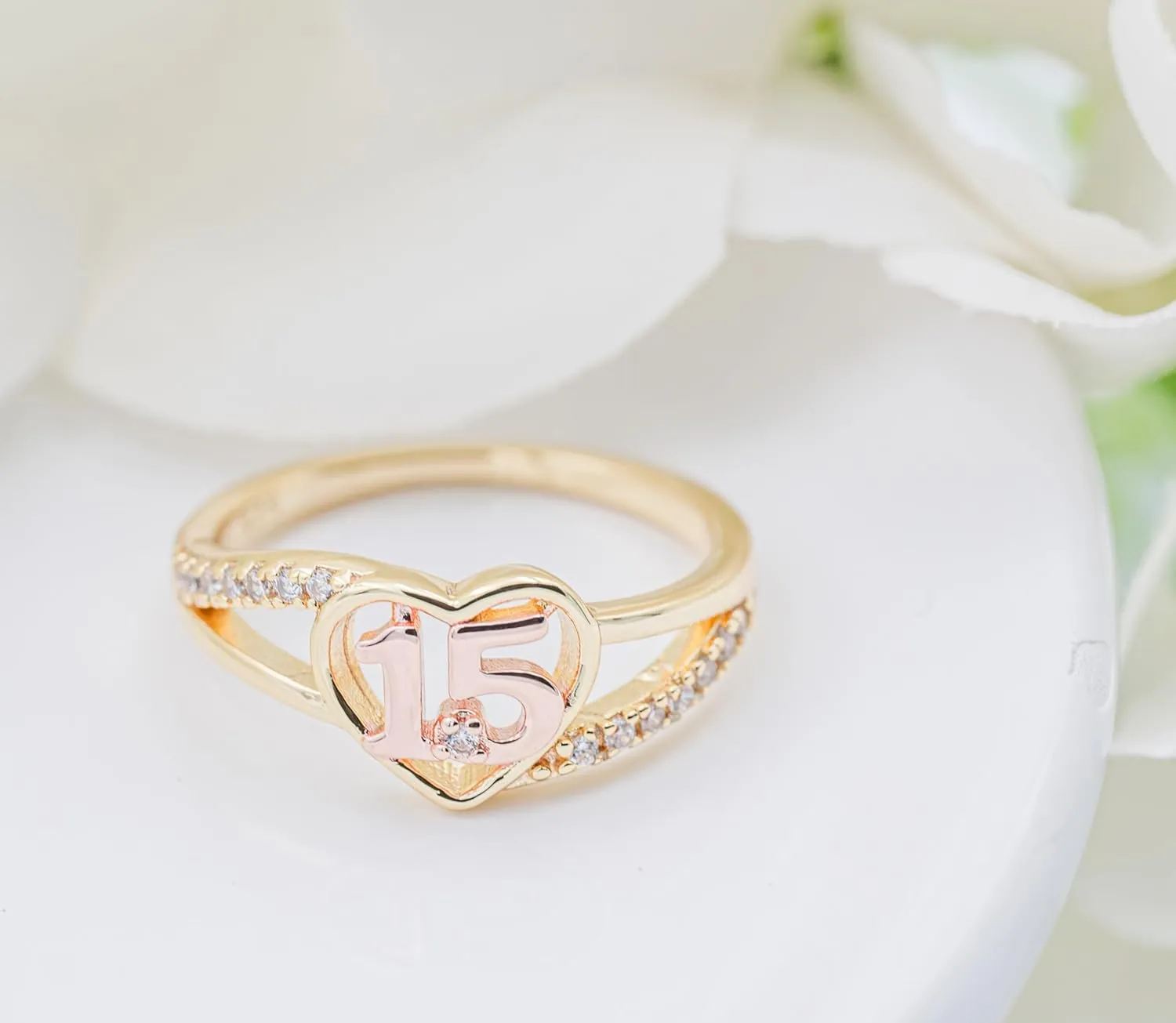 Cherished Moments Sterling Silver with Gold-Plating Heart Ring for Quinceaera Gift, "Sweet 15" Present with 15 Sparkling CZs